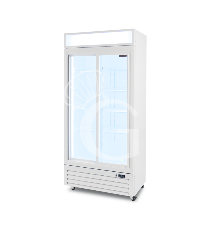Expositor refrigerado ventilado para bebidas, 2 puertas correderas, capacidad 590 L, temperatura de +2 °C a +10 °C, color blanco