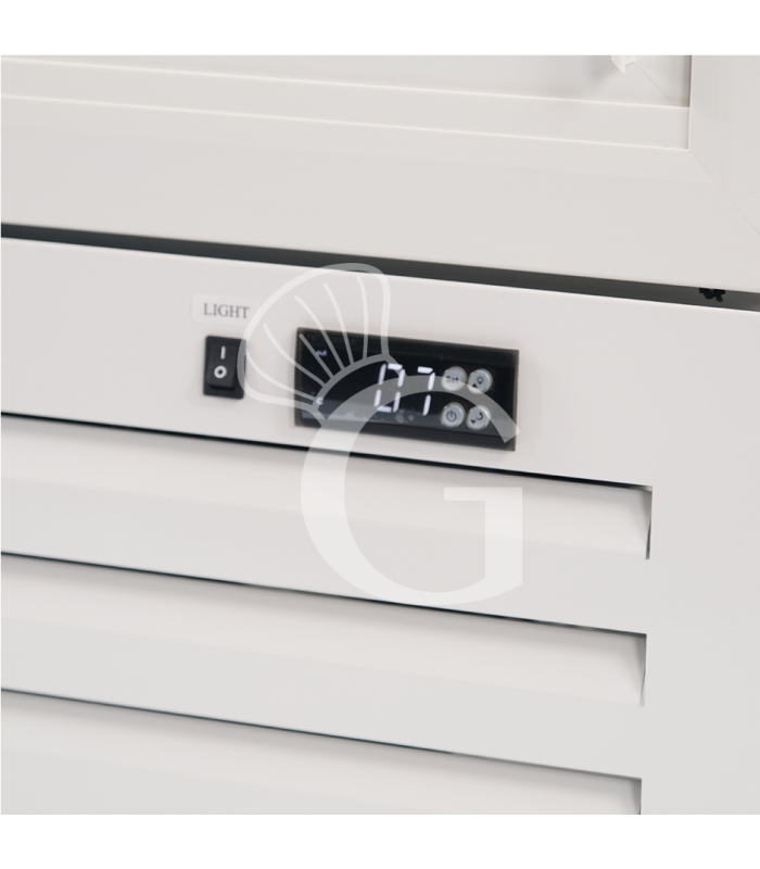 Expositor refrigerado ventilado para bebidas, 2 puertas correderas, capacidad 590 L, temperatura de +2 °C a +10 °C, color blanco