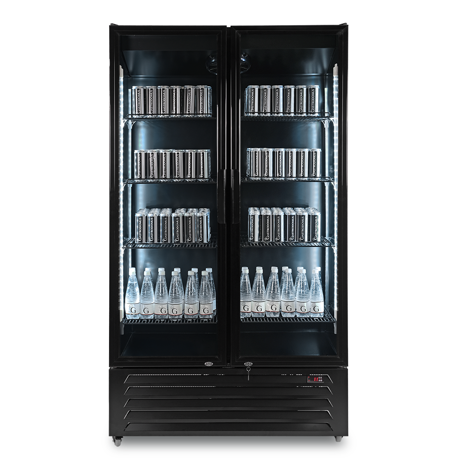 Expositor refrigerado ventilado para bebidas, 2 puertas abatibles, canopy iluminado, capacidad 632 L,+2°C/+10°C, color negro