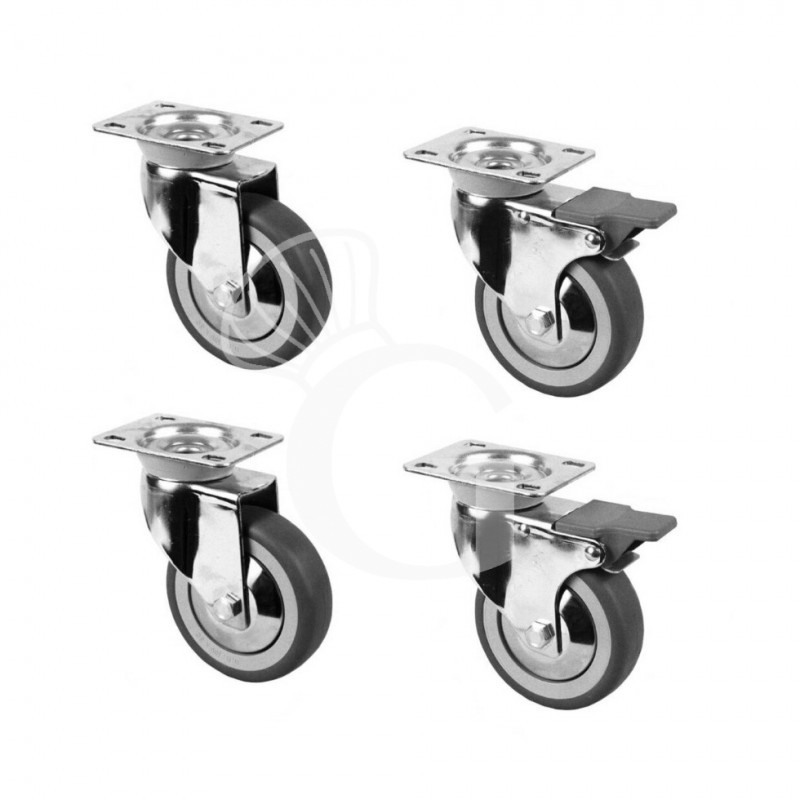 Ruedas ya montadas en mesas armariadas de acero inoxidable 4 ruedas, 2 con freno - diámetro 100 mm