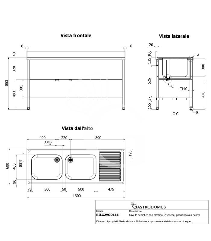 Fregadero inox con 2 cubetas y escurridor a la derecha, estante y peto L 1600 mm x P 600 mm x A 950 mm