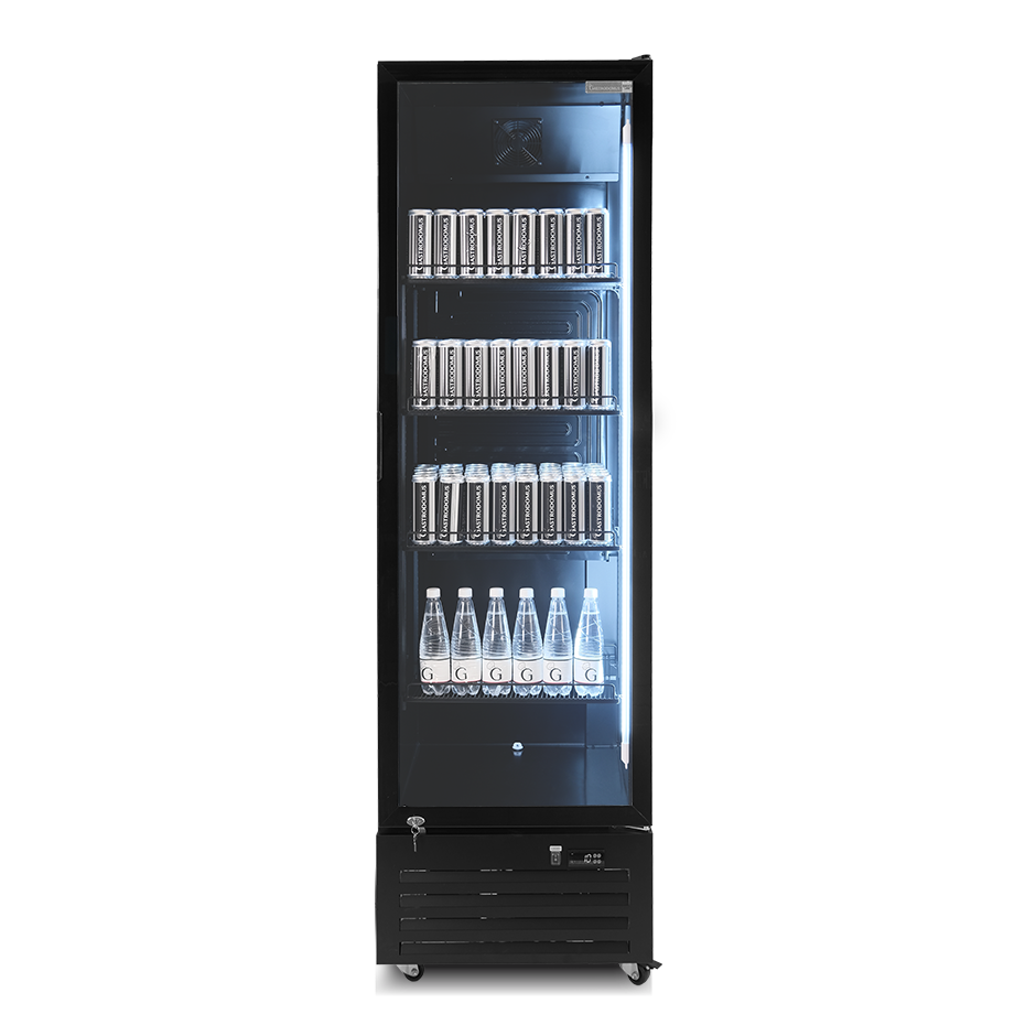 Expositor refrigerado ventilado para bebidas con puerta abatible 360 L, temperatura +2 °C / +10 °C, color negro
