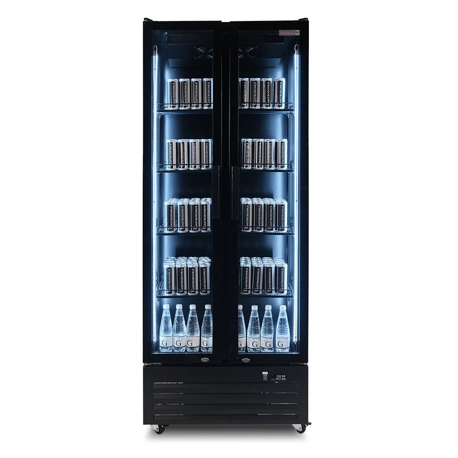 Expositor ventilado para bebidas 2 puertas batientes, 590 LT 2°C / +10°C color negro