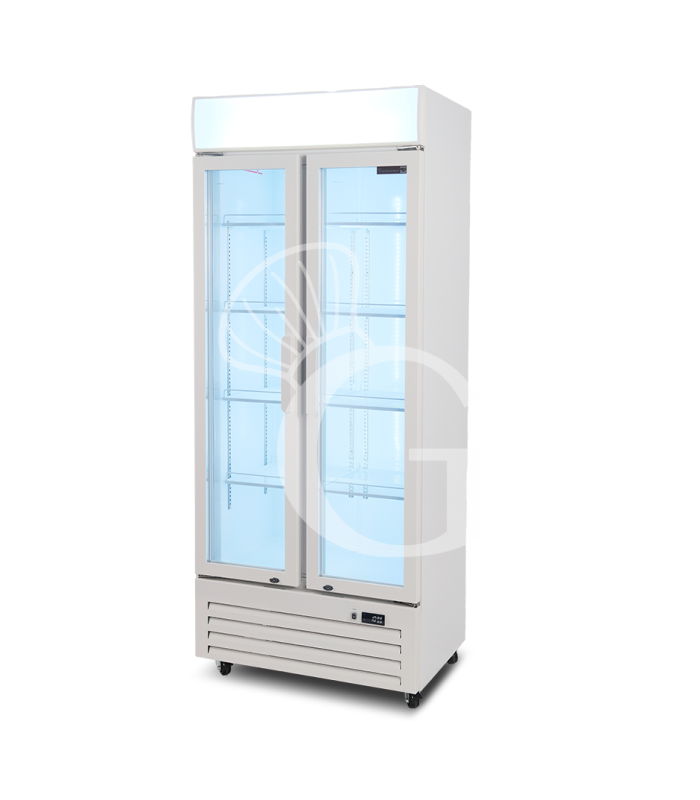 Expositor refrigerado ventilado para bebidas con 2 puertas abatibles, 490 L, temperatura +2 °C/+10 °C, color blanco