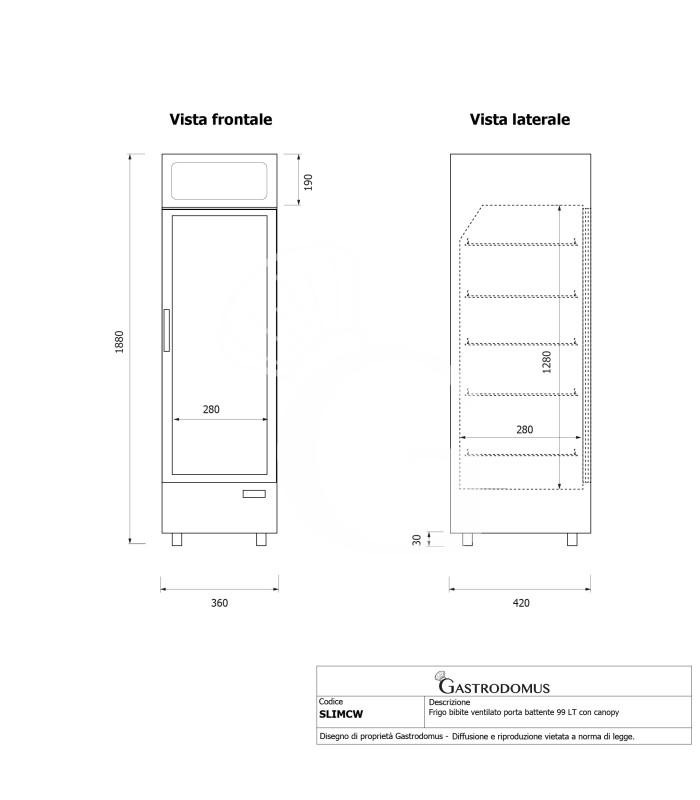 Expositor refrigerado ventilado de puerta batiente con canopy, 99 LT, +2°C/+10°C color blanco