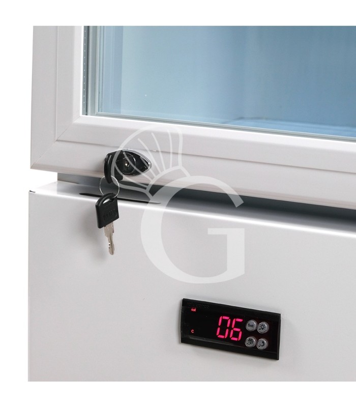 Expositor refrigerado ventilado de puerta batiente con canopy, 99 LT, +2°C/+10°C color blanco