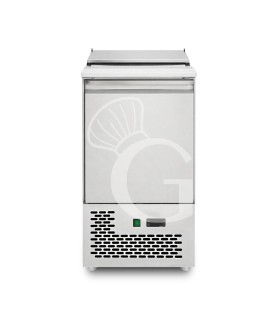 Saladette refrigerada de una puerta, temperatura +2°C/+8°C, encimera de acero inoxidable y polietileno