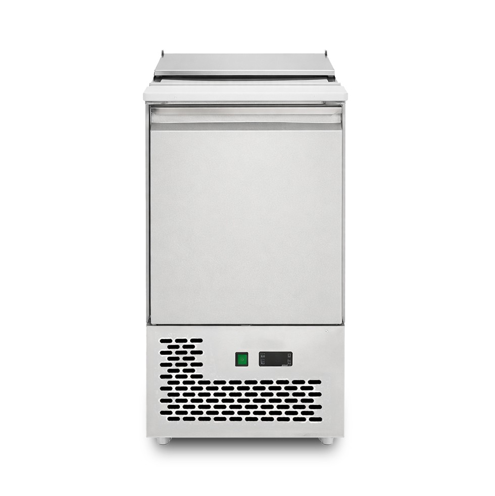 Saladette refrigerada de una puerta, temperatura +2°C/+8°C, encimera de acero inoxidable y polietileno