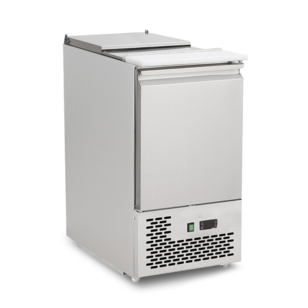 Saladette refrigerada de una puerta, temperatura +2°C/+8°C, encimera de acero inoxidable y polietileno
