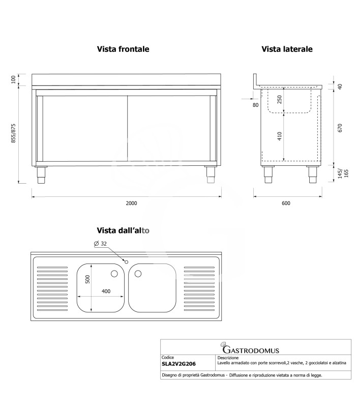 Fregadero con mueble 2 puertas correderas, 2 cubetas, 2 escurridores y peto L2000mmxP600mmxA965mm agujero grifo Ø 32mm