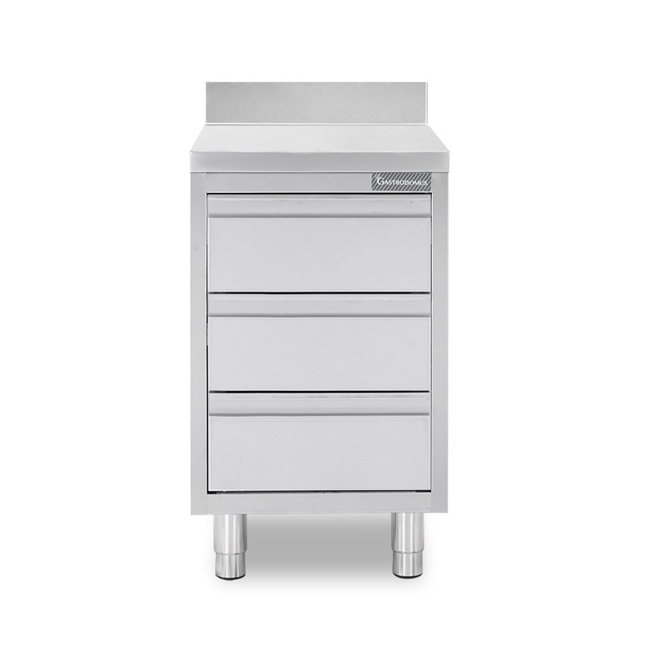Cajonera en acero inoxidable 3 cajones y peto trasero, L 400 x P 600 x H 950 mm
