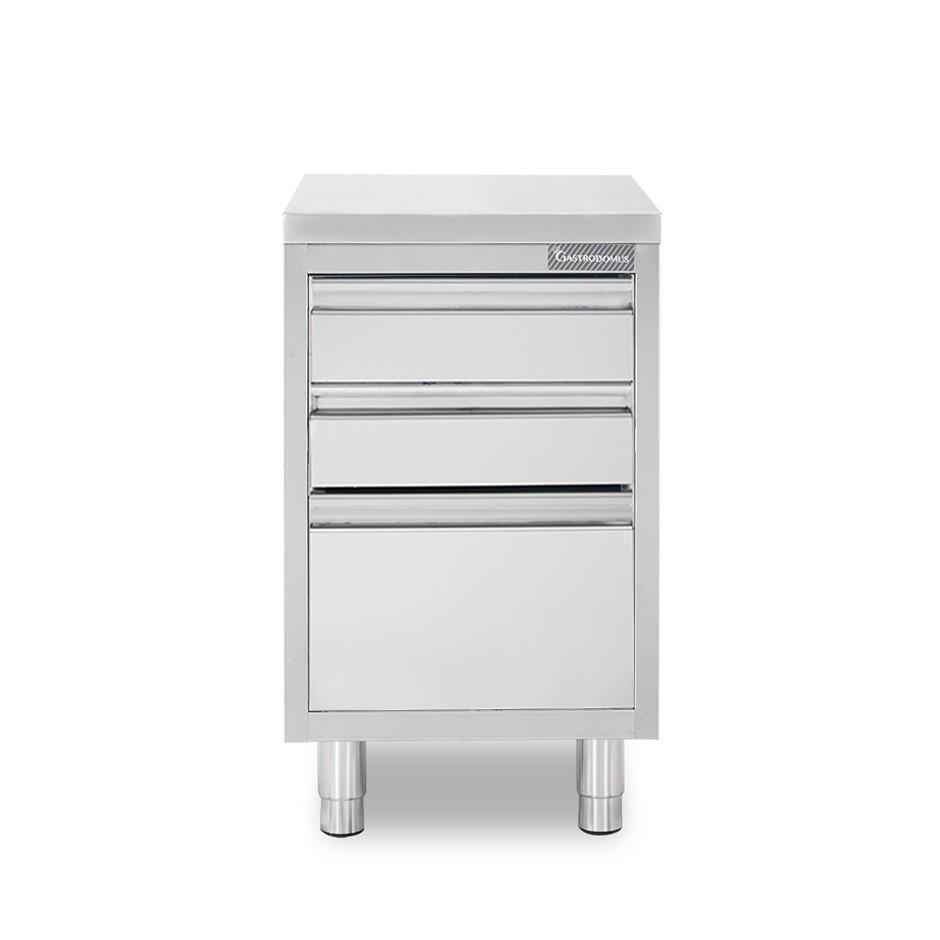Cajonera de acero inoxidable con 2 cajones y 1 cajón grande, L 400 x P 700 x H 850 mm