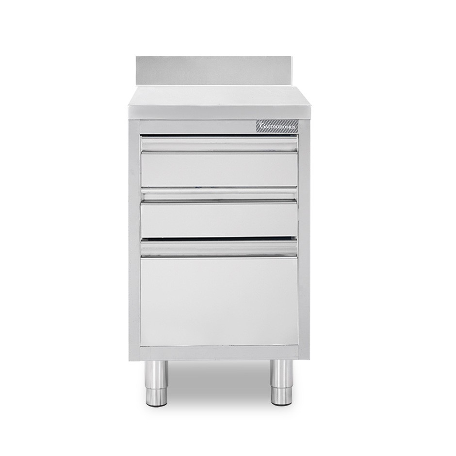 Cajonera de acero inoxidable con 2 cajones, 1 cajón grande, peto trasero, L 400 x P 700 x H 950 mm