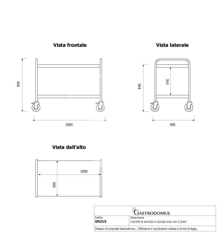 Carro de servicio de acero inoxidable con 2 estantes L 1085 mm x P 590 mm x A 935 mm