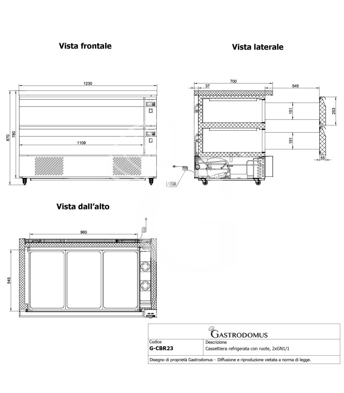 Cajonera doble refrigerada con ruedas, 6xGN1/1, conversión de temperatura de negativa a positiva, dos unidades refrigerantes