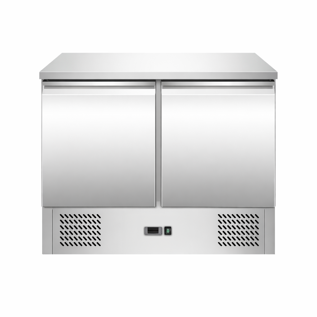 Mesa fria para ensaladas 2 puertas, temperatura -12°C/-18°C, tapa de acero inoxidable