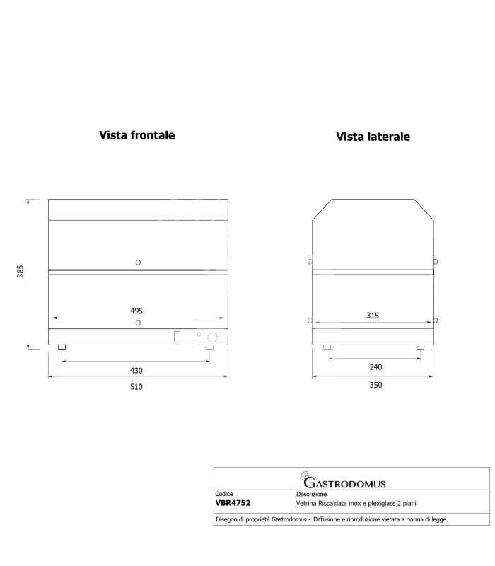 Vitrina caliente de acero inoxidable y plexiglás 2 estantes +30°C/+90°C L 510 mm x P 350 mm x A 385 mm.
