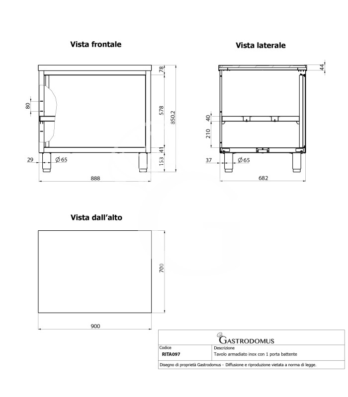 Mesa mural de acero inoxidable con 1 puerta batiente, L 900 mm x P 700 mm x A 950 mm