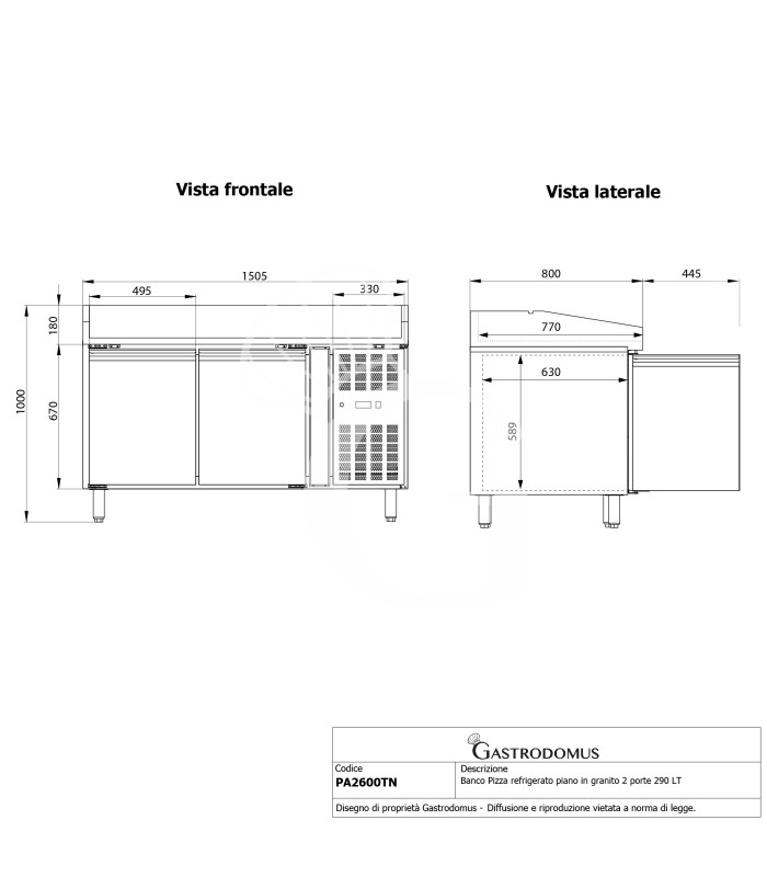 Mesa refrigerada para pizza 600X400 2 Puertas 390 LT