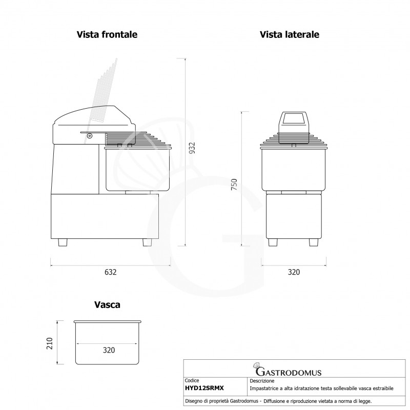 Amasadora de alta hidratación con cabezal abatible y cuba fija - 16 L - monofásica - velocidad variable