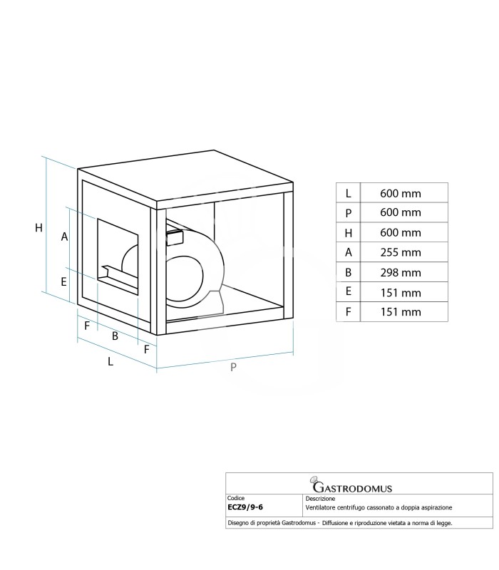 Ventilador centrífugo en caja de doble aspiración en chapa de acero galvanizado, 2200 m³/hh