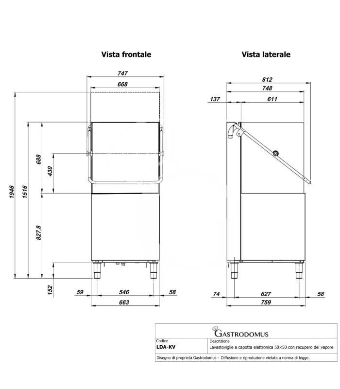 Lavavajillas de capota electrónico 50×50 con recuperación de vapor, dosificadores y bomba de desagüe
