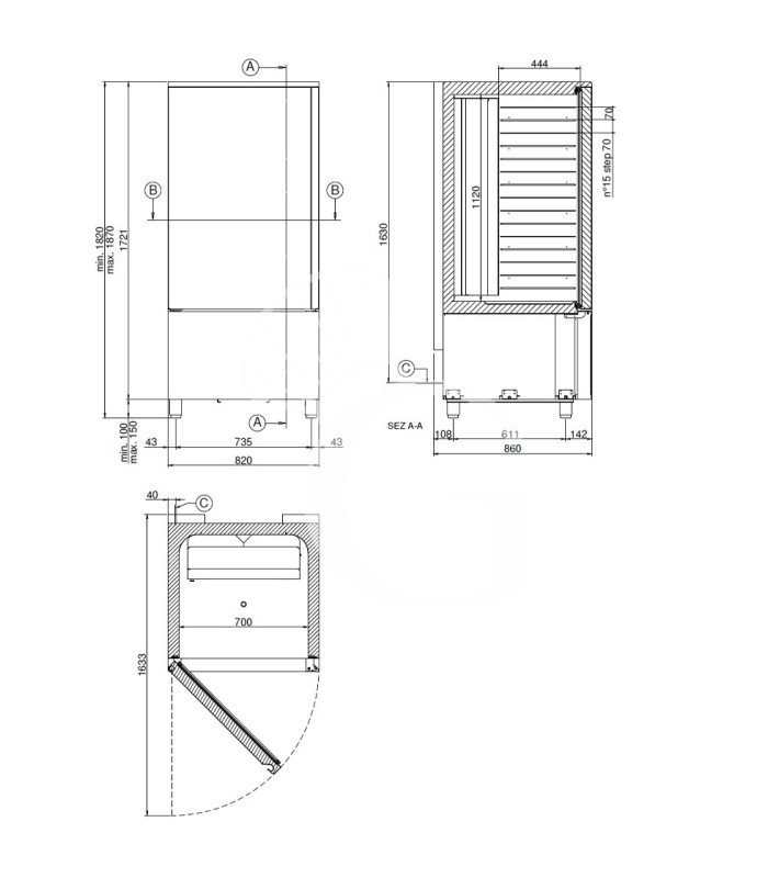 Abatidor de temperatura digital de acero inox apto también para helados - 15 bandejas o rejillas GN 1/1 o 600x400 mm, -18°/+3°C