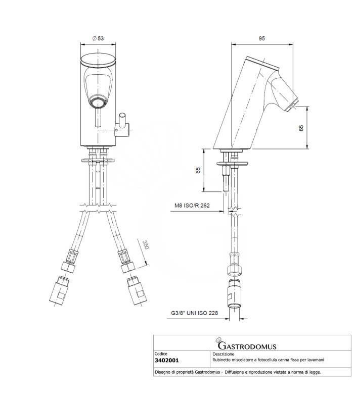 Grifo mezclador con fotocélula para lavabo, caño fijo L 95 mm