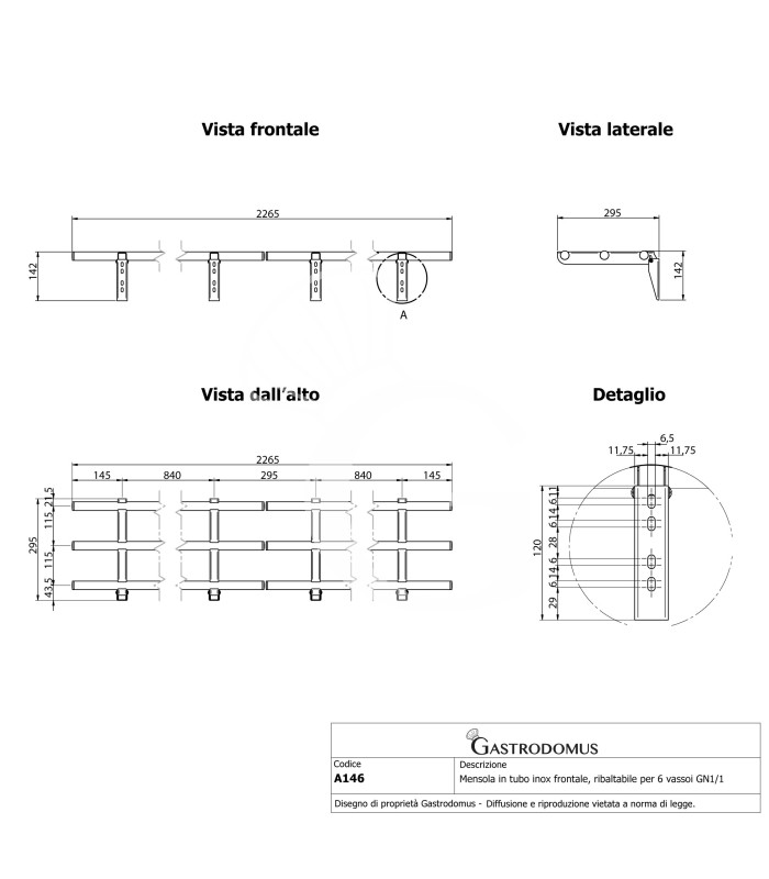 Estante frontal tubular de inox, plegable para 6 x GN1/1