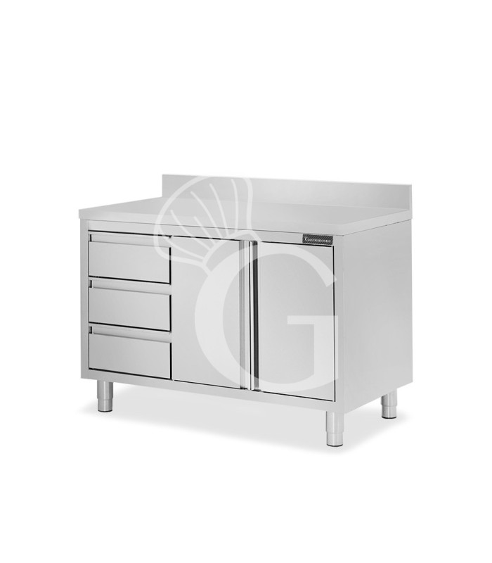 Mesa mural de acero inoxidable 2 puertas correderas, 3 cajones a la izquierda y peto L 1400 mm x P 600 mm x A 950 mm