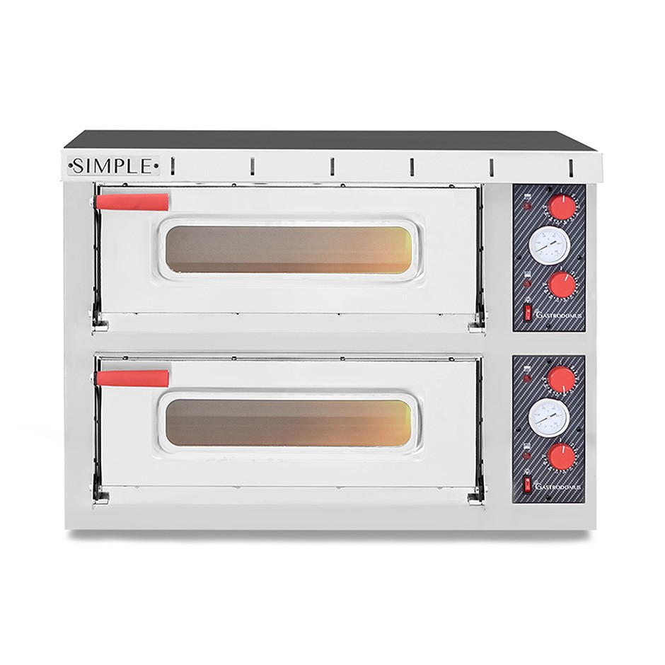 Horno pequeño eléctrico 2 pizzas diámetro 450 mm 2 cámaras 8 Kw puerta de vidrio con luz guías para insertar bandejas