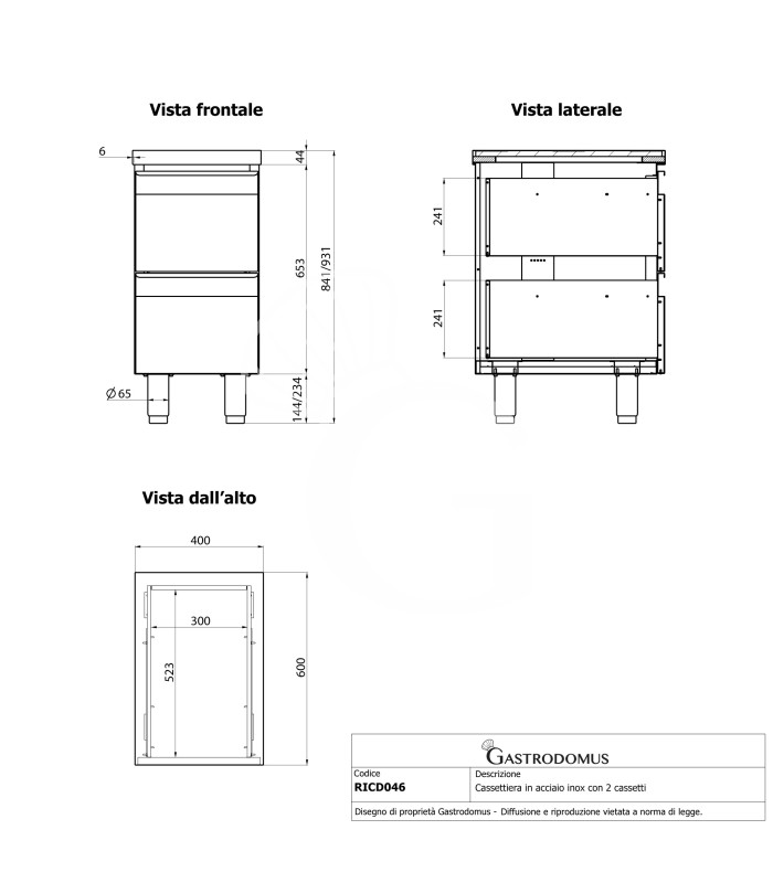 Cajonera de acero inoxidable con 2 cajones, L 400 x P 600 x H 850 mm