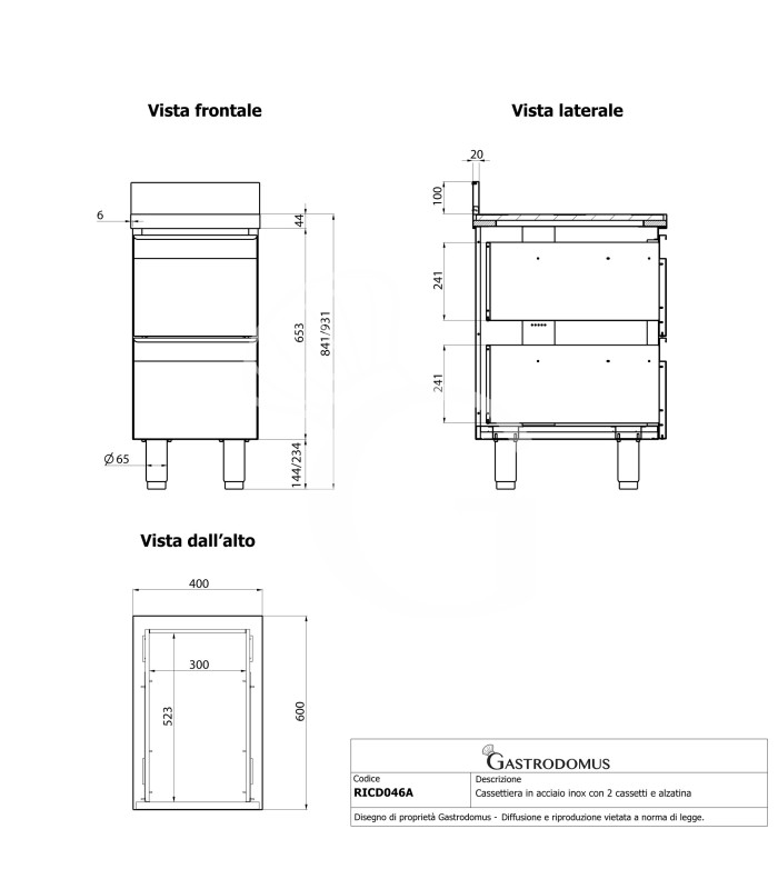 Cajonera de Acero Inoxidable 2 Cajones y Protector Trasero, medidas 400 mm de largo x 600 mm de profundidad x 950 mm de altura