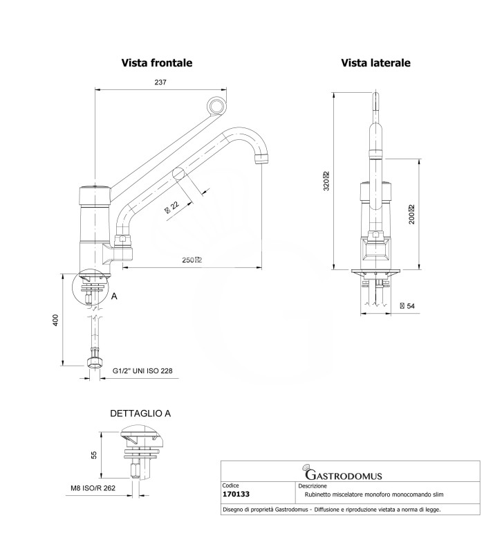 Grifo industrial monomando con asa de plástico serie SLIM - L 250 mm