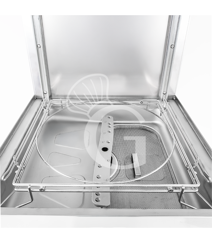 Lavavajillas de capota electromecánico 50×50 H430 con dosificadores de abrillantador y detergente instalados