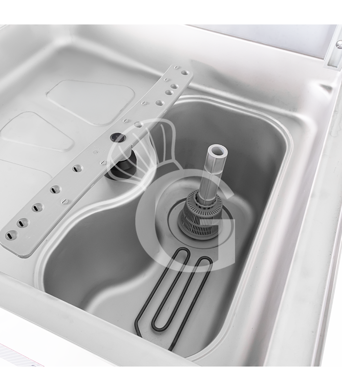 Lavavajillas de capota electromecánico 50×50 H430 con dosificadores de abrillantador y detergente, bomba de desagüe