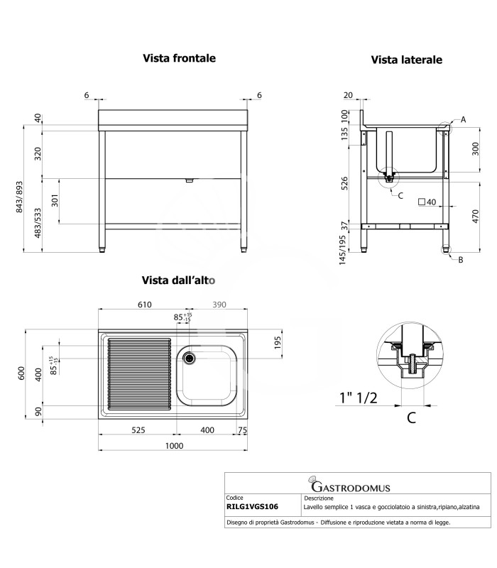 Fregadero de acero inoxidable 1 cubeta y escurridor a la izquierda con estante y peto L 1000 mm x P 600 mm x A 950 mm