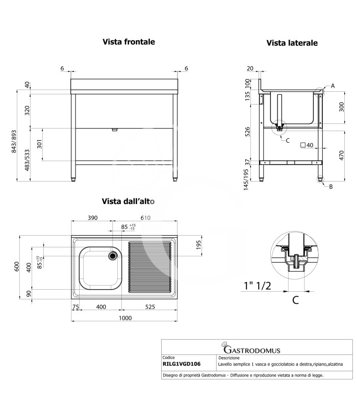 Fregadero de acero inoxidable 1 cubeta y escurridor a la derecha, estante y peto L 1000 mm x P 600 mm x A 950 mm