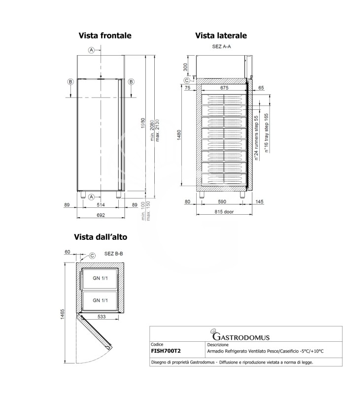 Armario refrigerado ventilado para pescado y productos lácteos 2 puertas -5°C/+10°C 700 LT clase de eficiencia energética C