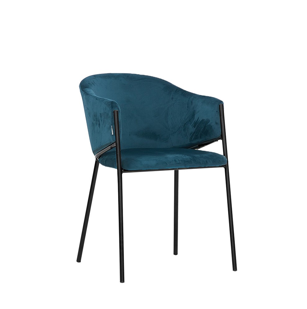 Silla con estructura de metal pintado y asiento tapizado acolchado en terciopelo o tela