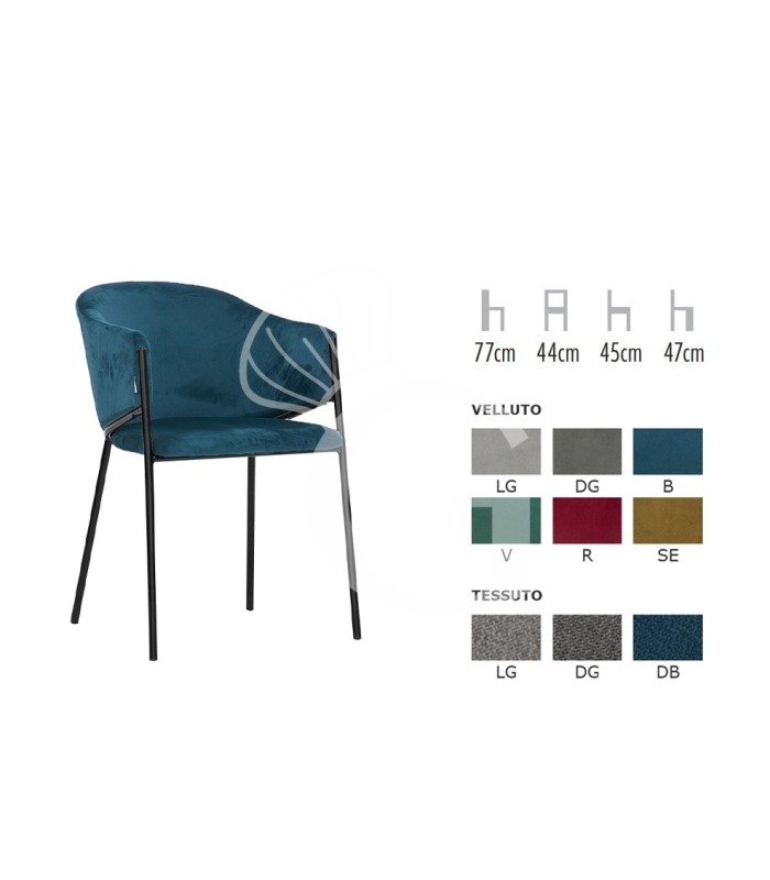 Silla con estructura de metal pintado y asiento tapizado acolchado en terciopelo o tela