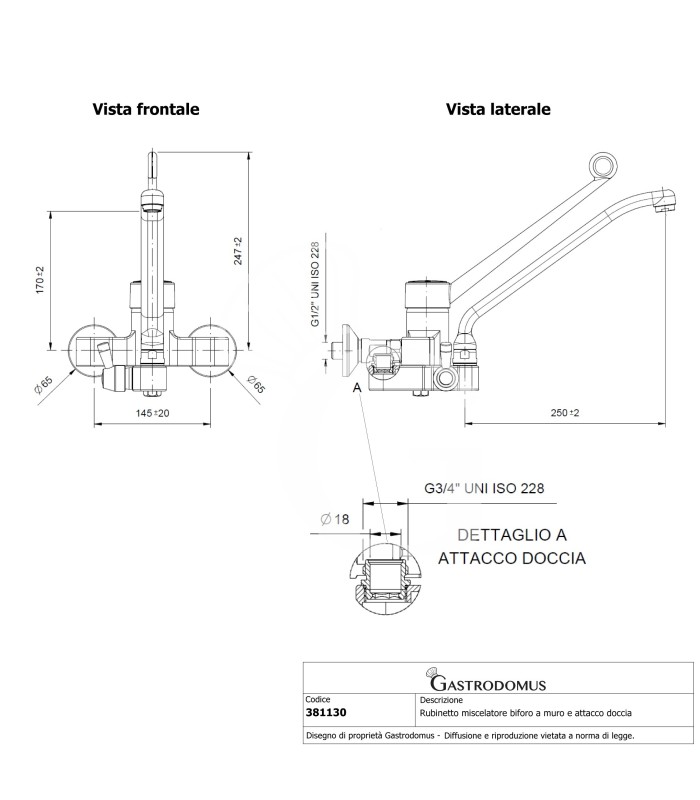 Grifo mezclador de dos orificios monomando mural con conexión para ducha - L 250 mm