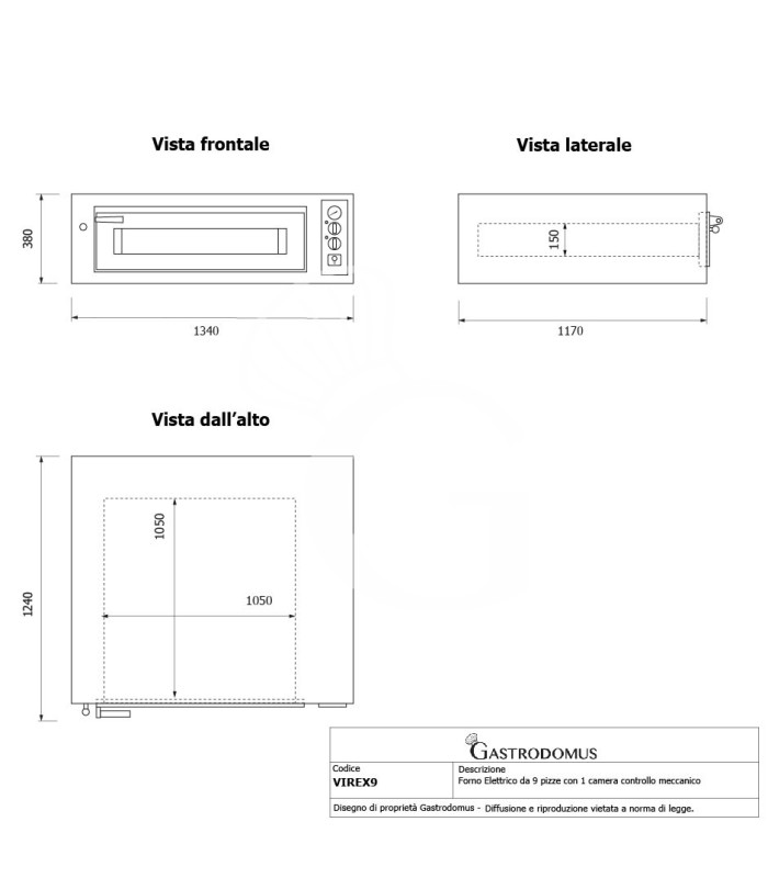 Horno eléctrico para 9 pizzas diametro 350 mm 1 cámara control mecánico 13,1 KW