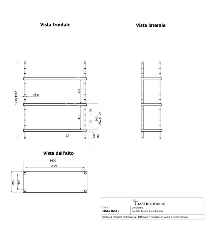 Estantería de pie de acero inoxidable 4 estantes, L 1600 x P 400 x A 1500 mm