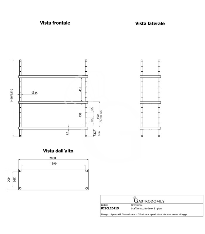 Estantería de pie de acero inoxidable 4 estantes, L 2000 x P 400 x A 1500 mm