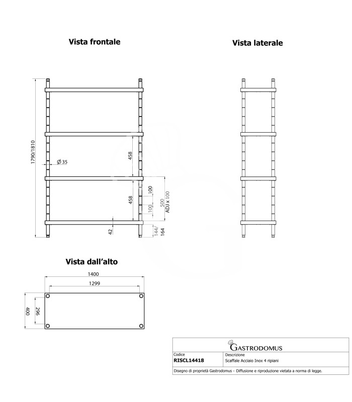 Estantería de pie de acero inoxidable 4 estantes, L 1400 x P 400 x A 1800 mm