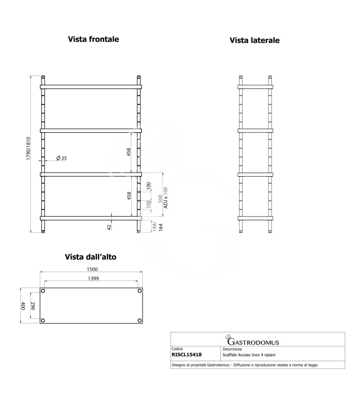 Estantería de pie de acero inoxidable 4 estantes, L 1500 x P 400 x A 1800 mm