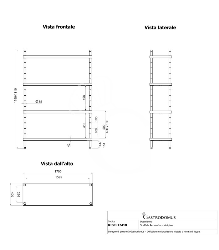 Estantería de pie de acero inoxidable 4 estantes L 1700 x P 400 x A 1800 mm