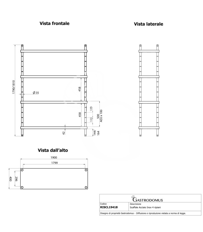 Estantería de pie de acero inoxidable 4 estantes L 1900 x P 400 x A 1800 mm
