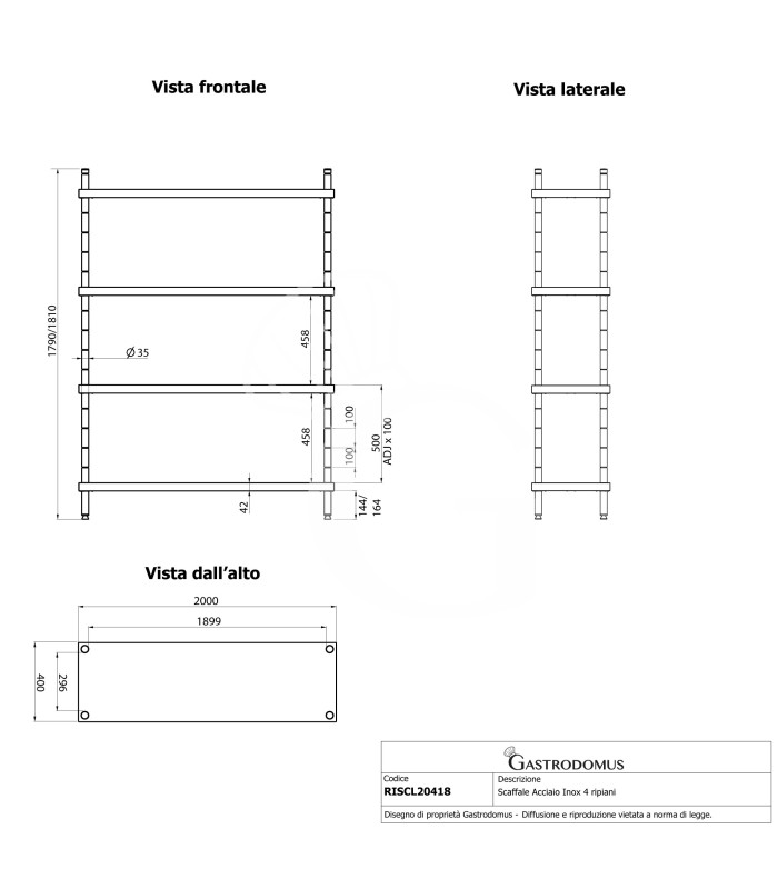 Estantería de pie de acero inoxidable 4 estantes L 2000 x P 400 x A 1800 mm
